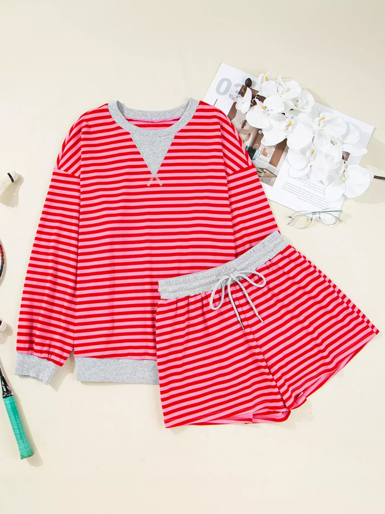 Women's Strawberry Stripe Drop Shoulder Baggy Top & Shorts Set – Casual Lounge Two Piece Outfit