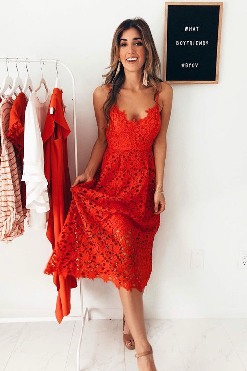 Lace Hollow-out Midi Dress Red