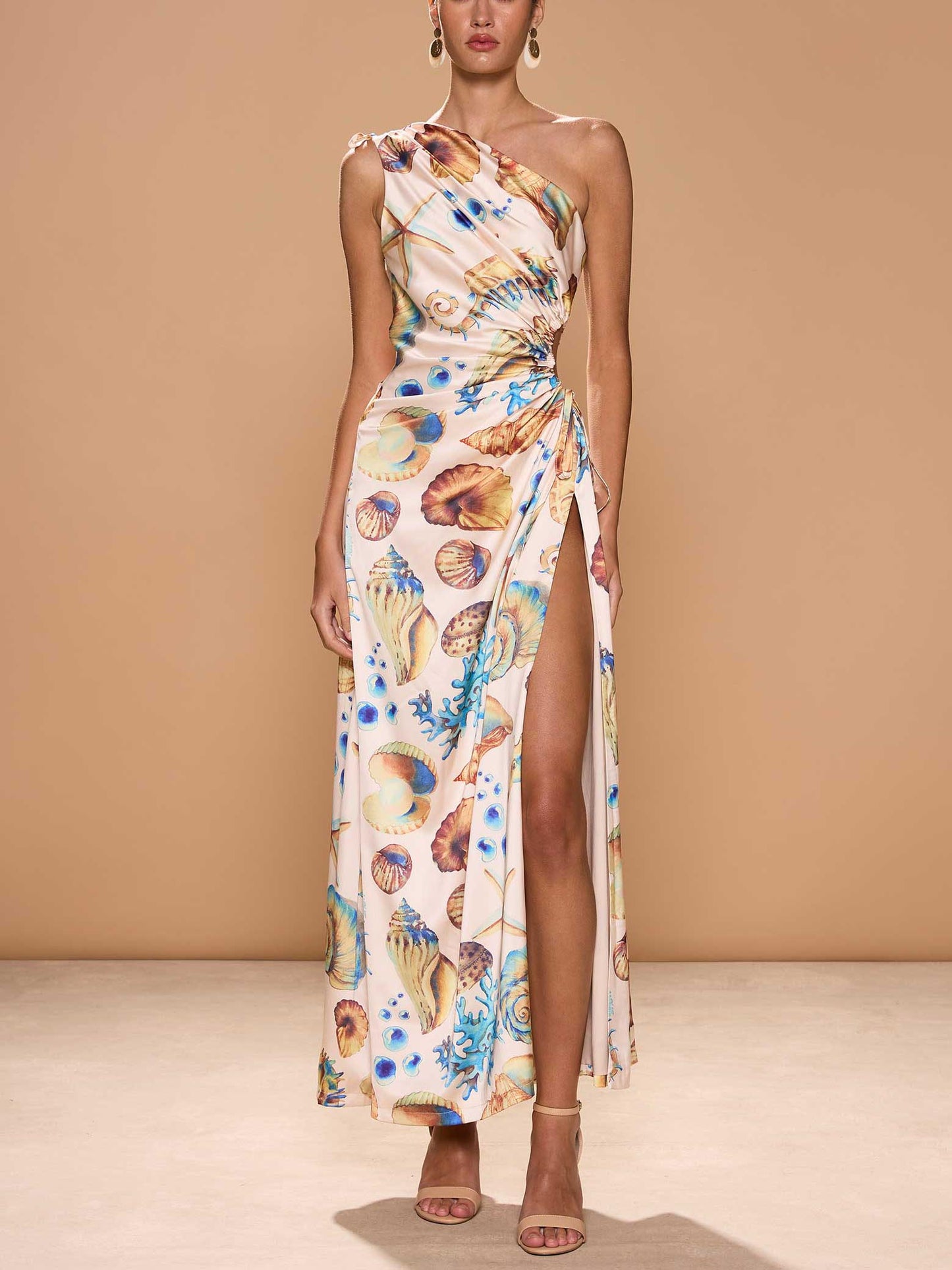 Exquisite Shell Print Side Slit Maxi Dress Cream