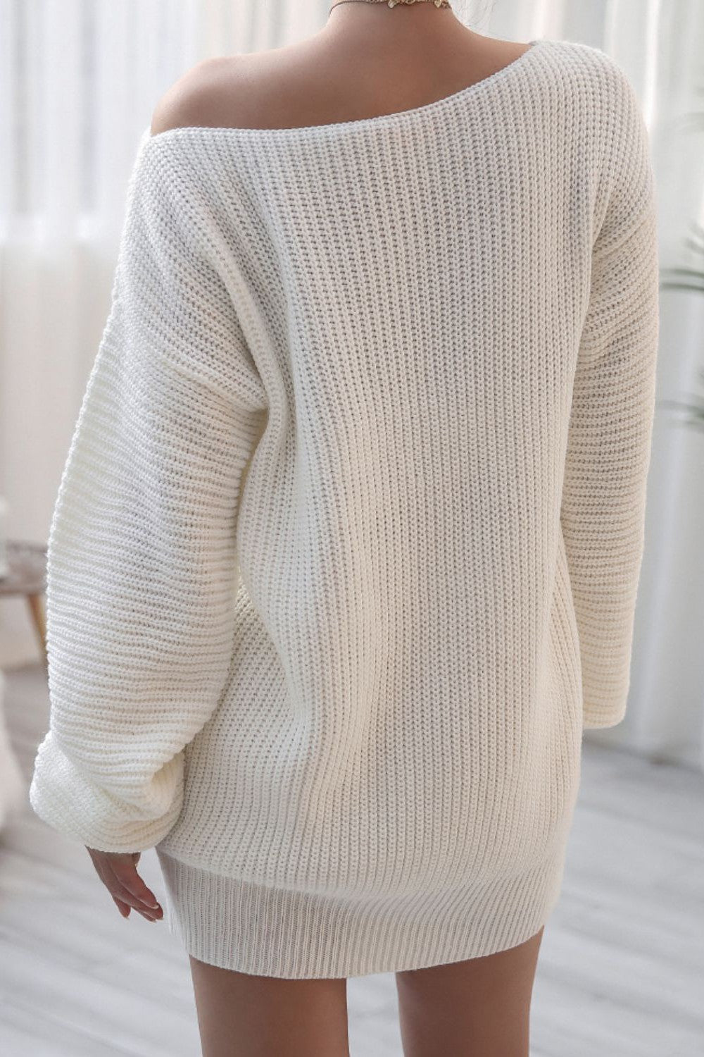Rib-Knit Balloon Sleeve Boat Neck Sweater Dress