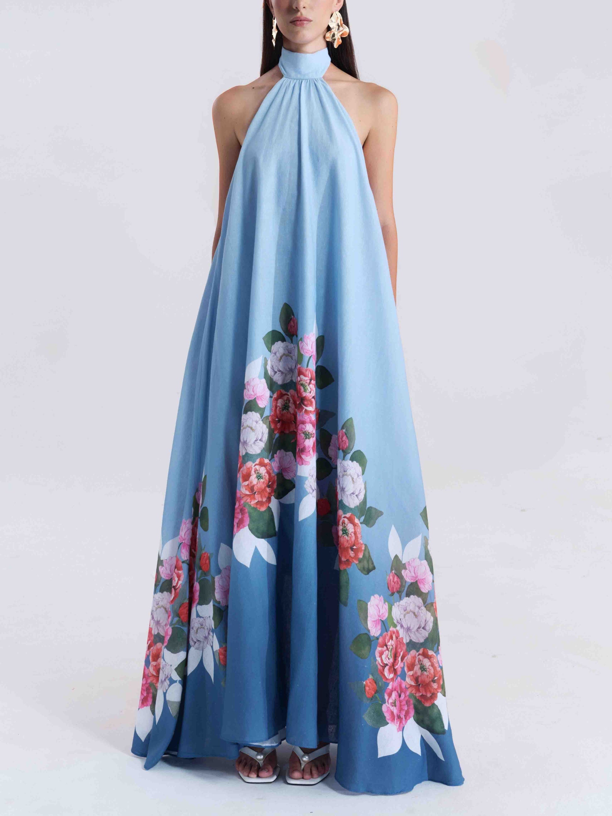 Elegant Halterneck Romantic Floral Print A-line Maxi Dress Blue