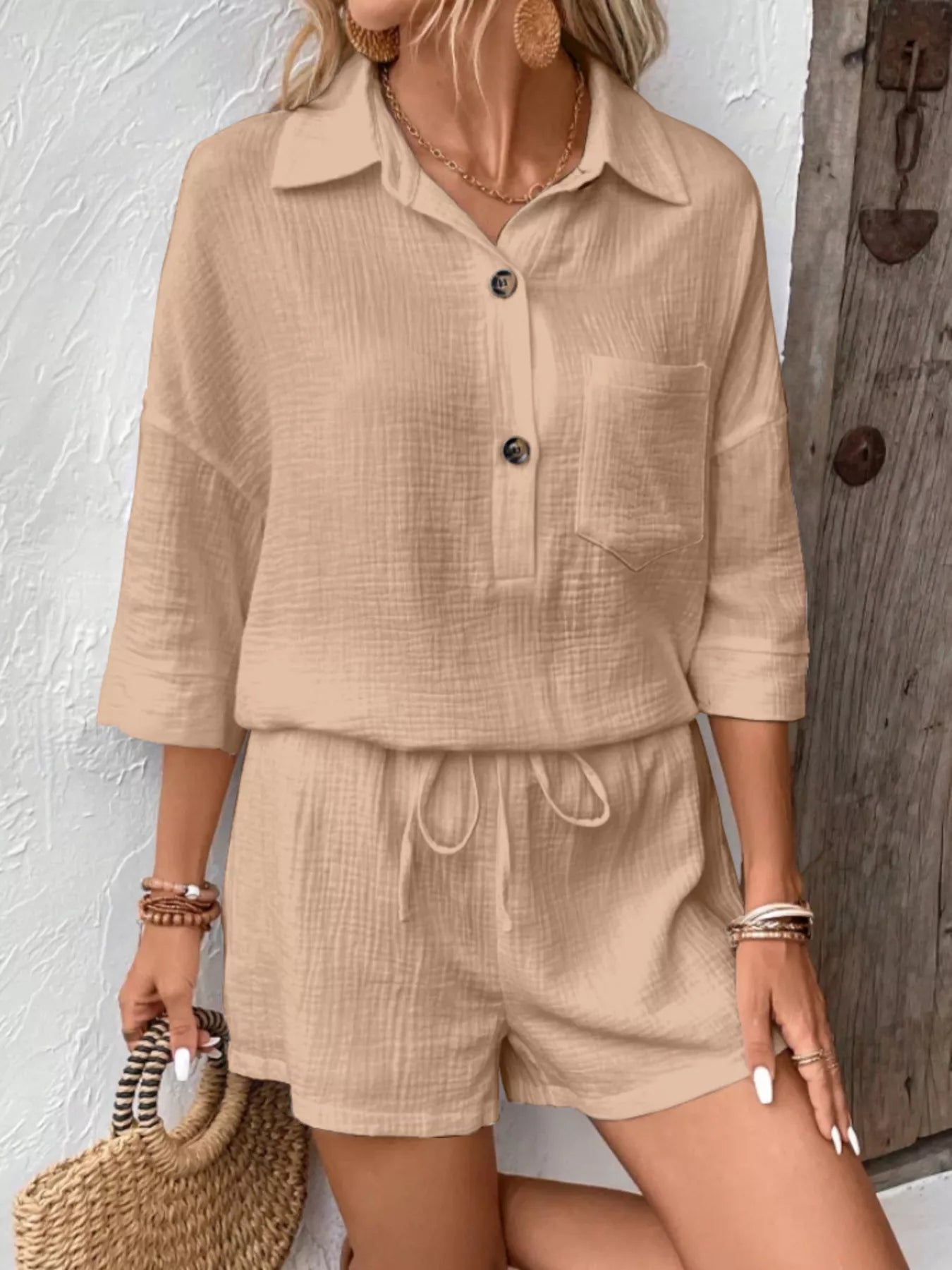 Button Detail Top and Shorts Set