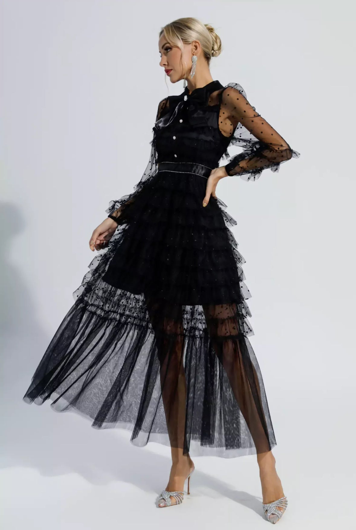 Black polka dot mesh maxi dress