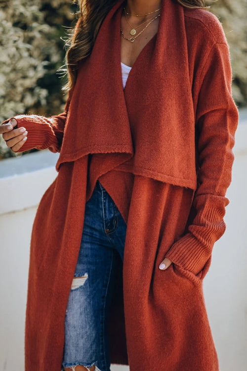 Starting Now Long Sleeve Cape Cardigan - 7 Colors Brick Red
