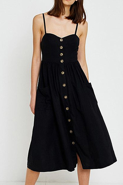 Spaghetti Button-Up Full Midi Dress - 6 Colors Black