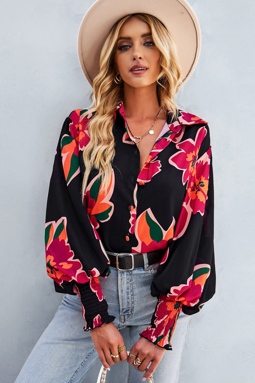 Life Of Love Print Button Down Smocked Top - 7 Colors Black&Red