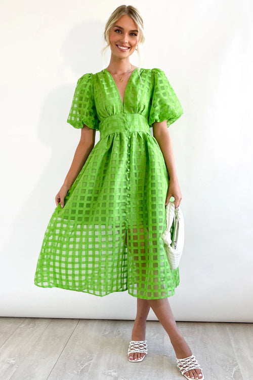 Garden Of Romance Puff Sleeve Midi Dress - 9 Colors Green