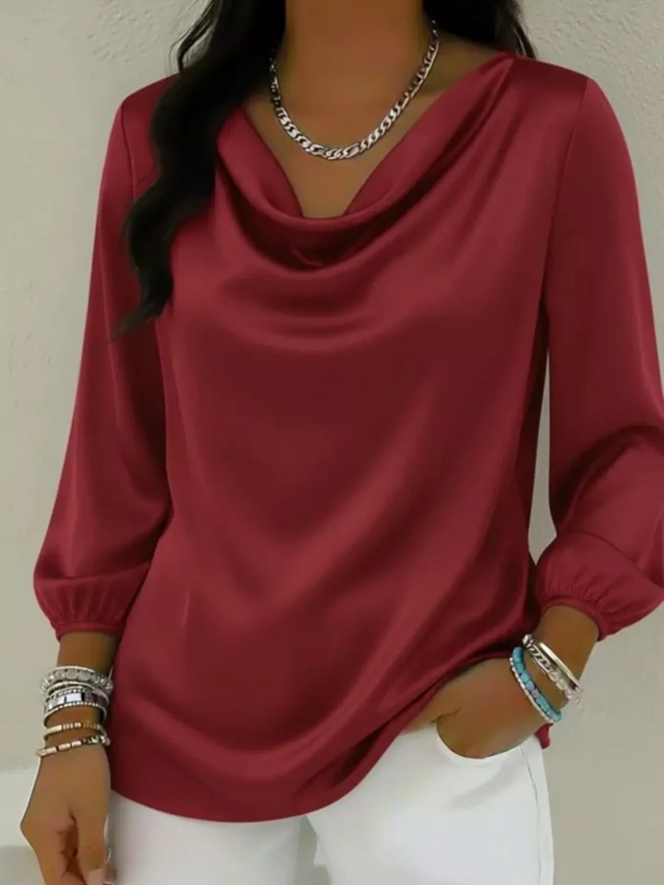 Full Size Satin Cowl Neck Blouse Inclusive Sizing