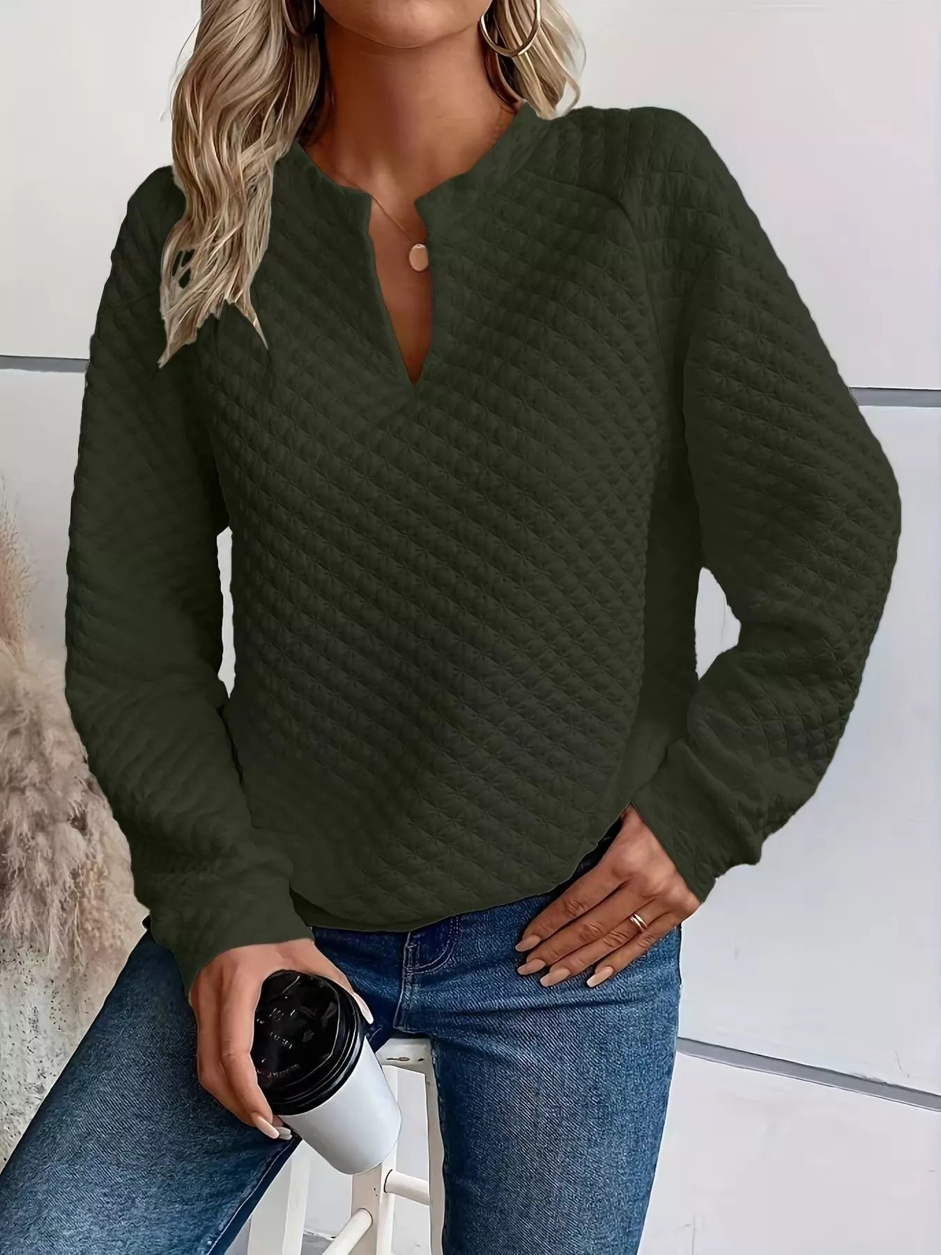 Textured Notched Raglan Sleeve Sweatshirt