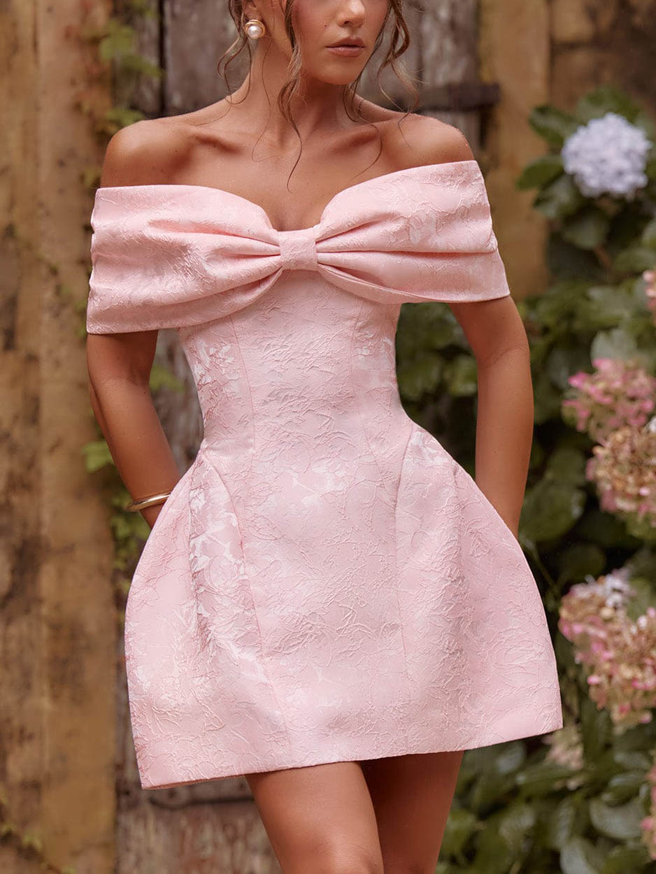 Elegant Bow Off-the-shoulder Jacquard Mini Dress Pink