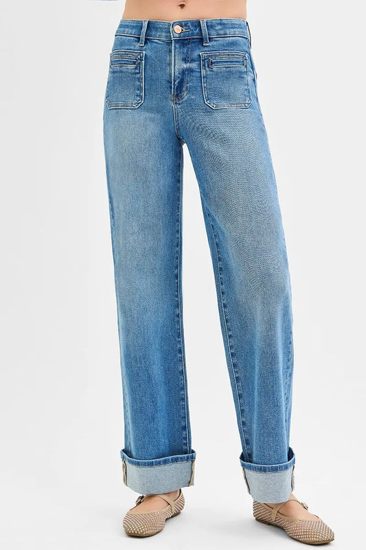 Wide Patch Pocket Cuff Jeans – Plus Size, Mid Rise