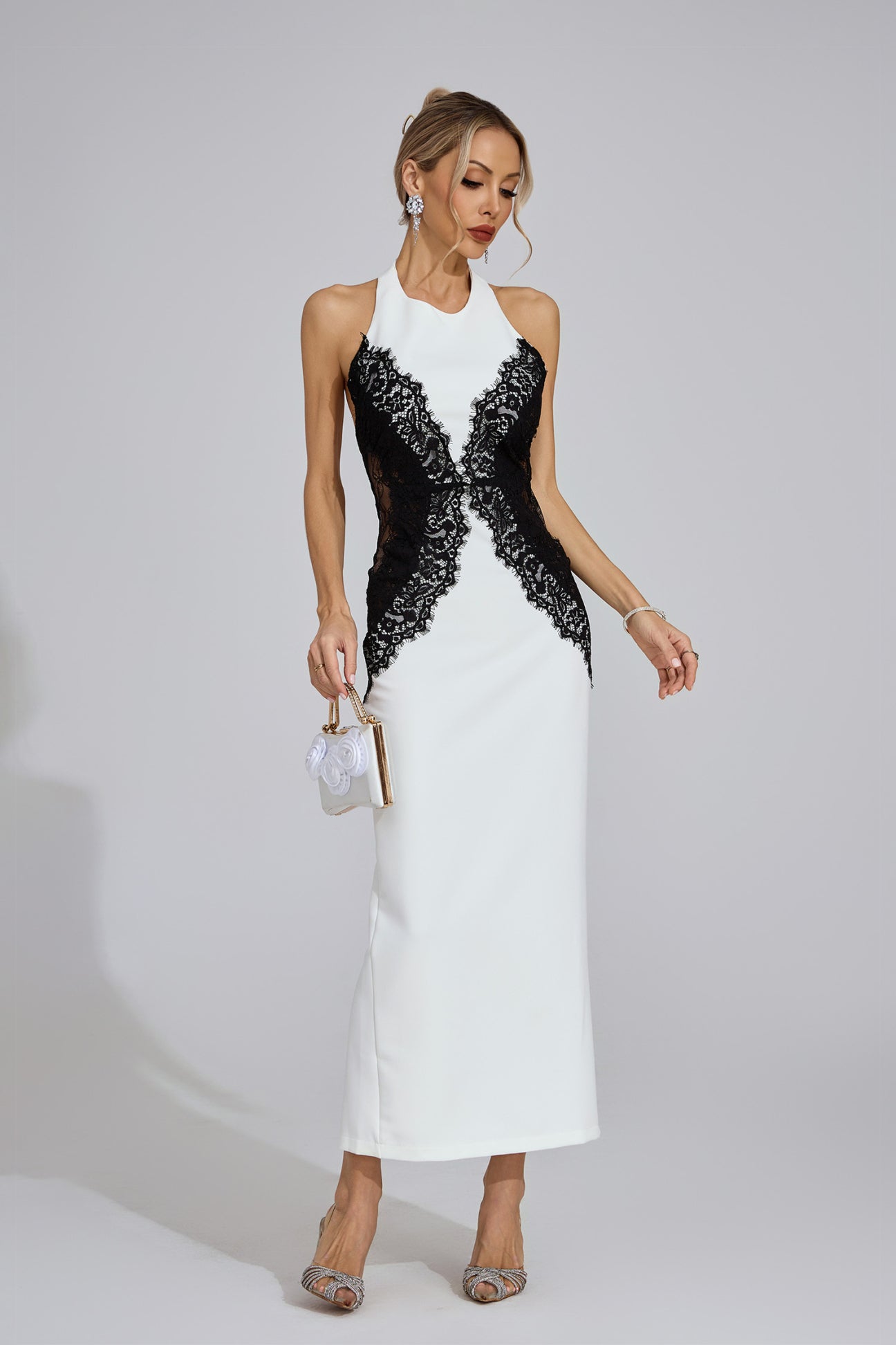 Bianca Lace-Panel Halter Midi Gown