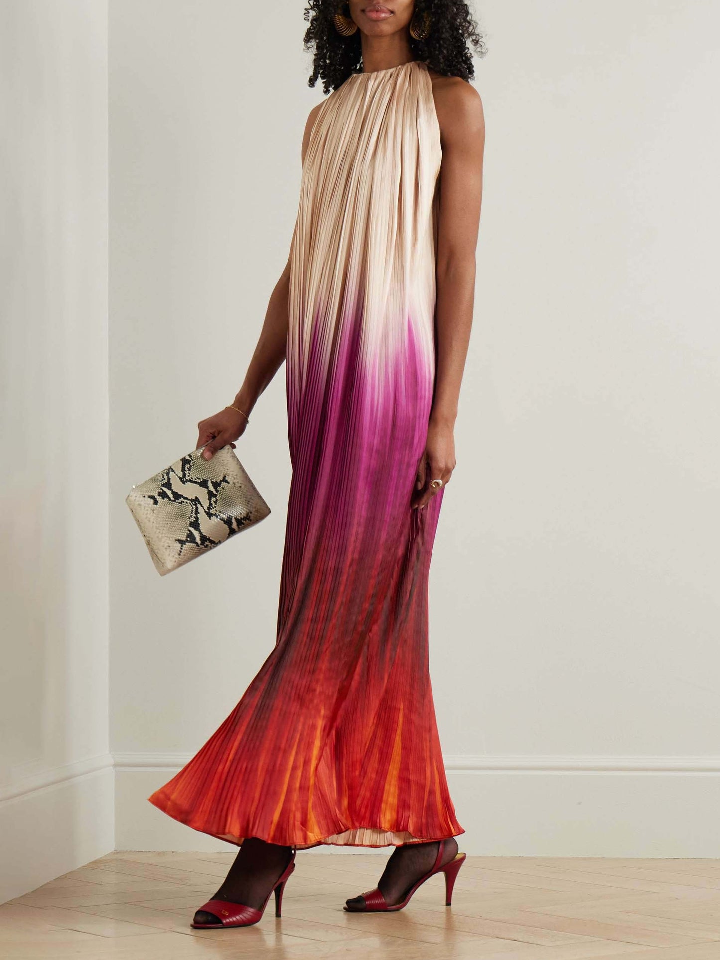 Elegant Gradient Pleated Print Halter Neck Maxi Dress Multi