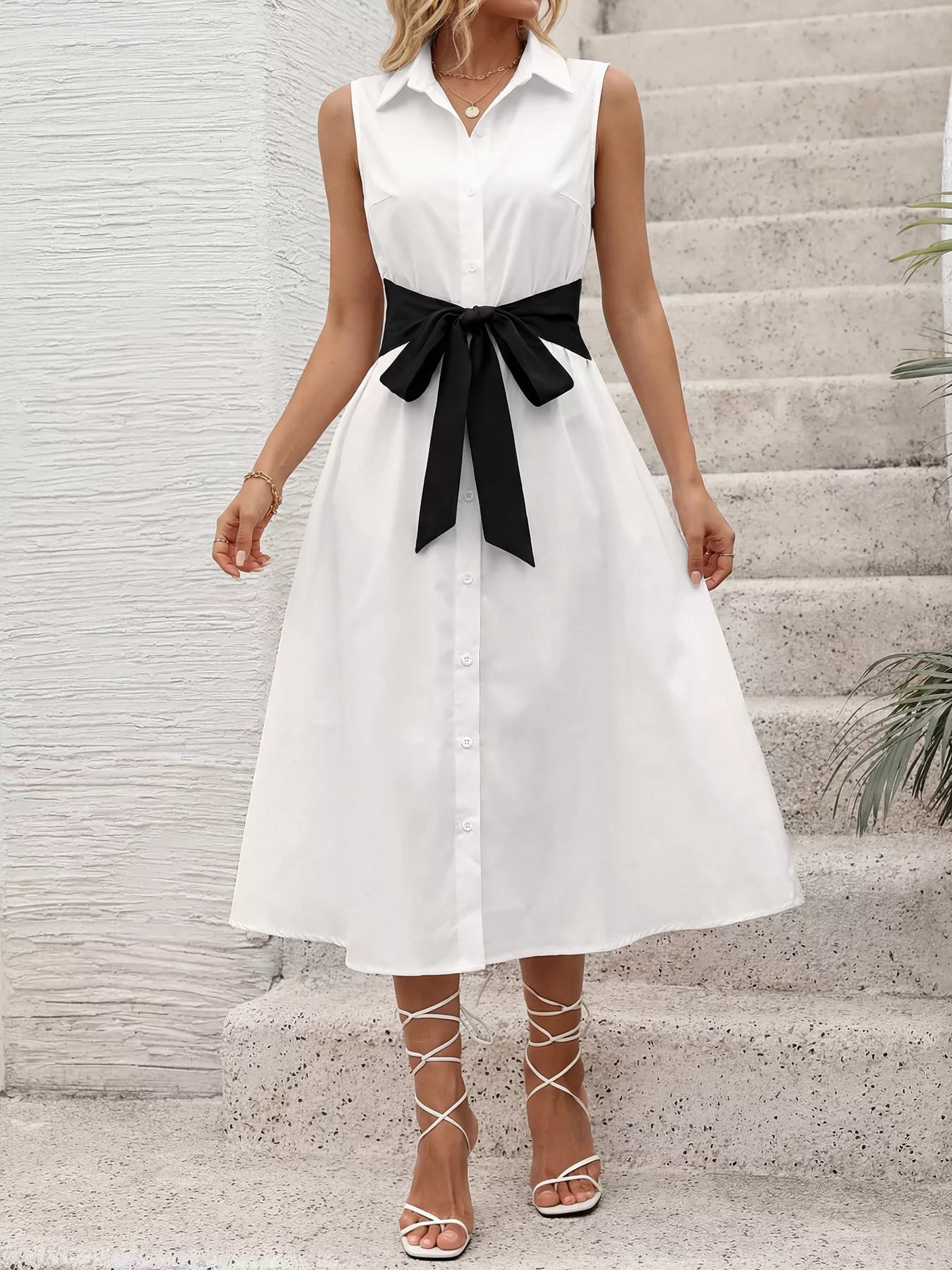 Ivory Sleeveless Shirt Dress with Bow