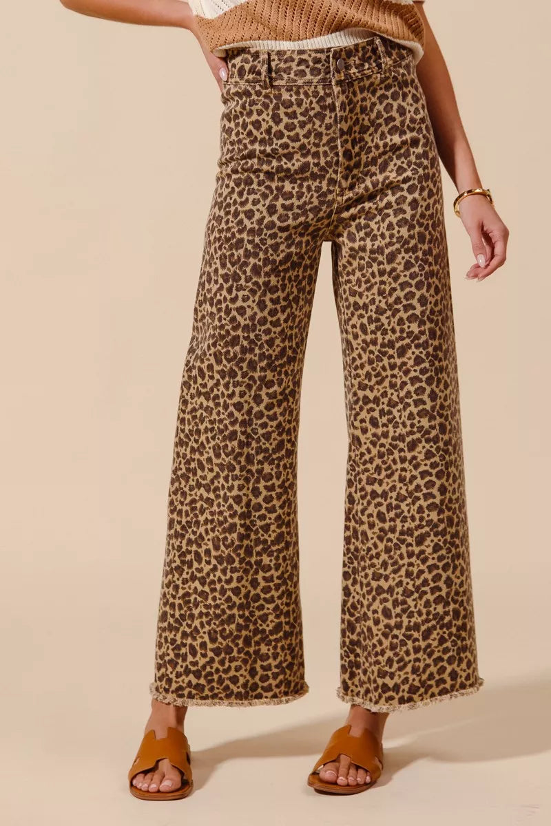 Mid Rise Leopard Twill Wide Leg Pants with Frayed Hem – Trendy Women’s Statement Trousers