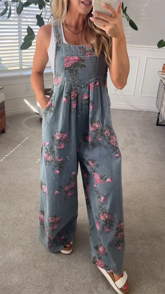 Printed Pocket Casual Denim Overalls