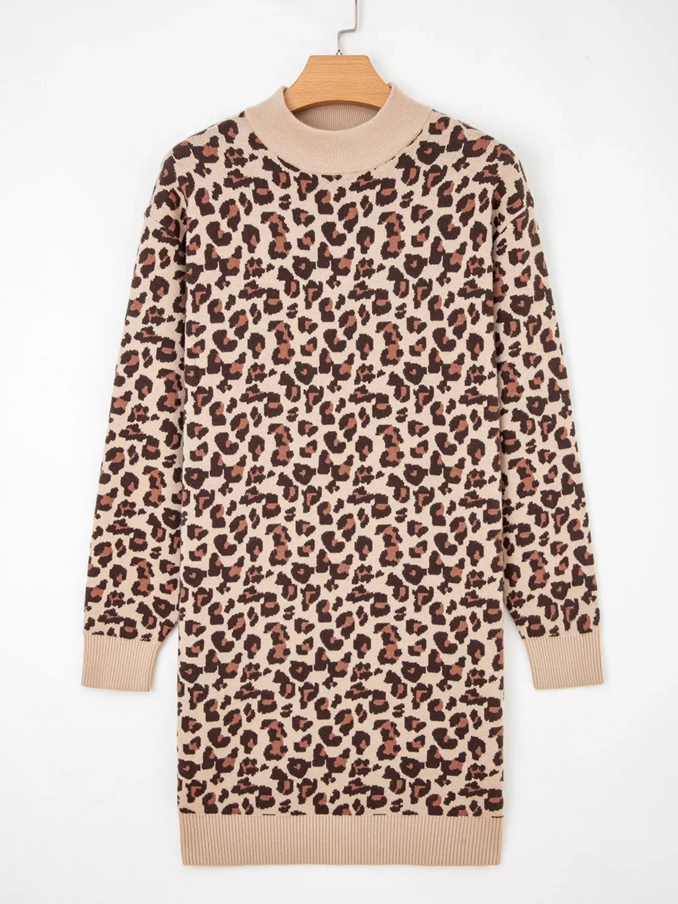 Leopard Print High Neck Shift Mini Sweater Dress