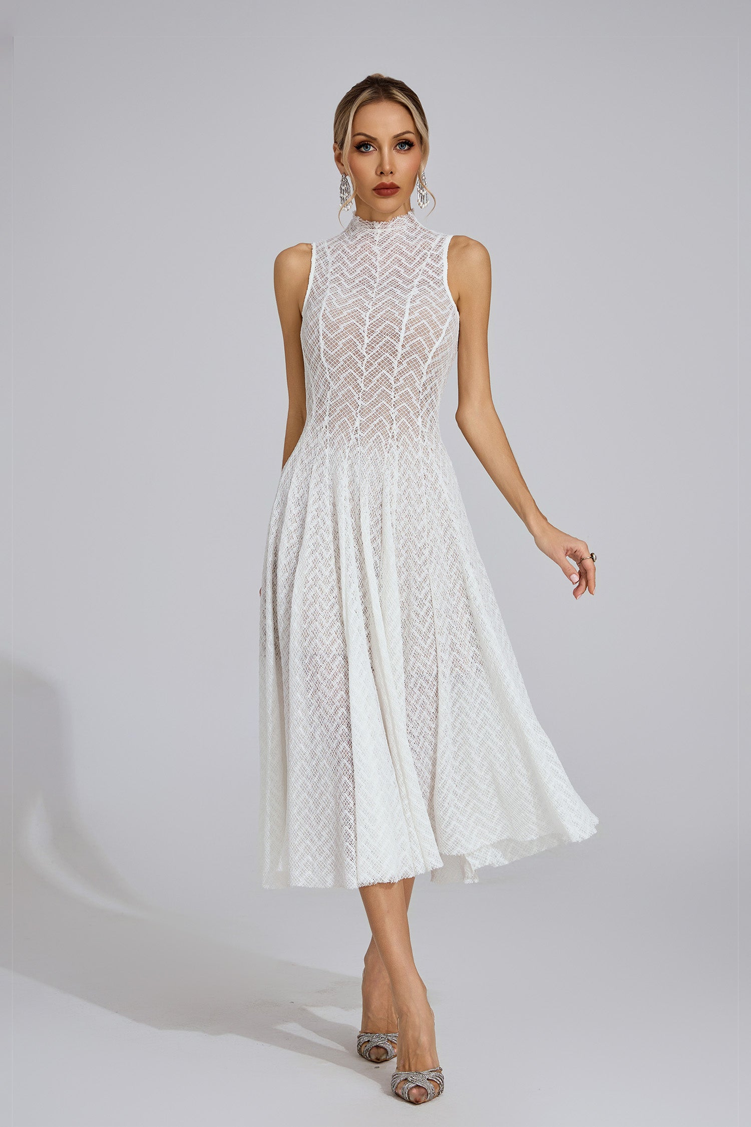 Elara High-Neck Lace Midi Dress