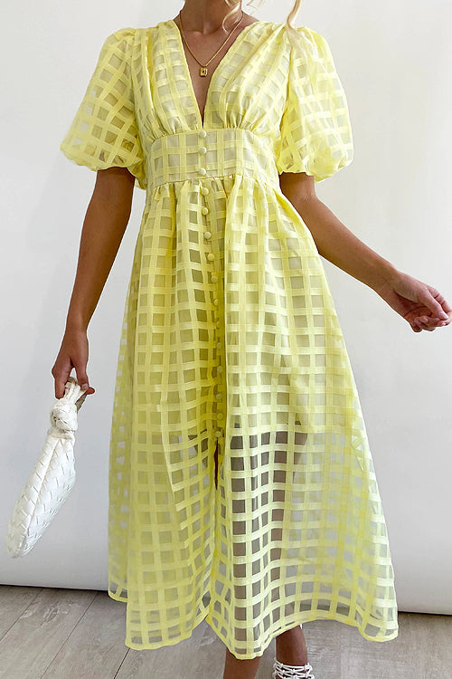 Garden Of Romance Puff Sleeve Midi Dress - 9 Colors Yellow