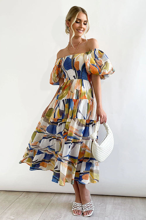 Darling Daylily Floral Print Off Shoulder Smocked Maxi Dress - 6 Colors Yellow & Dark Blue