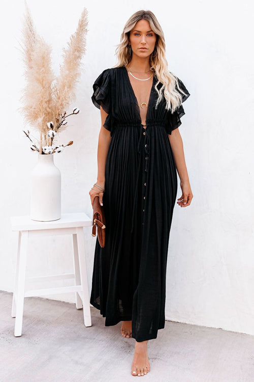 Sunshine And Fun Ruffled Beach Wear Maxi Dress - 8 Colors One Size Black