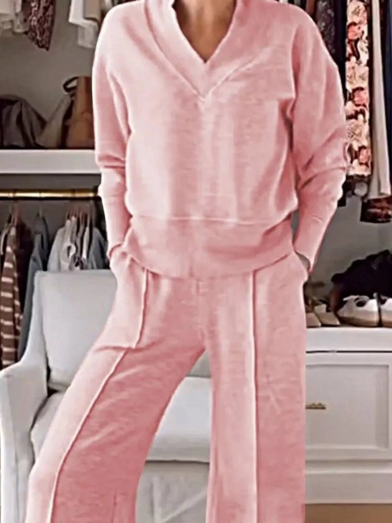 Full Size Cozy V-Neck Top and Pants Set Plus Size