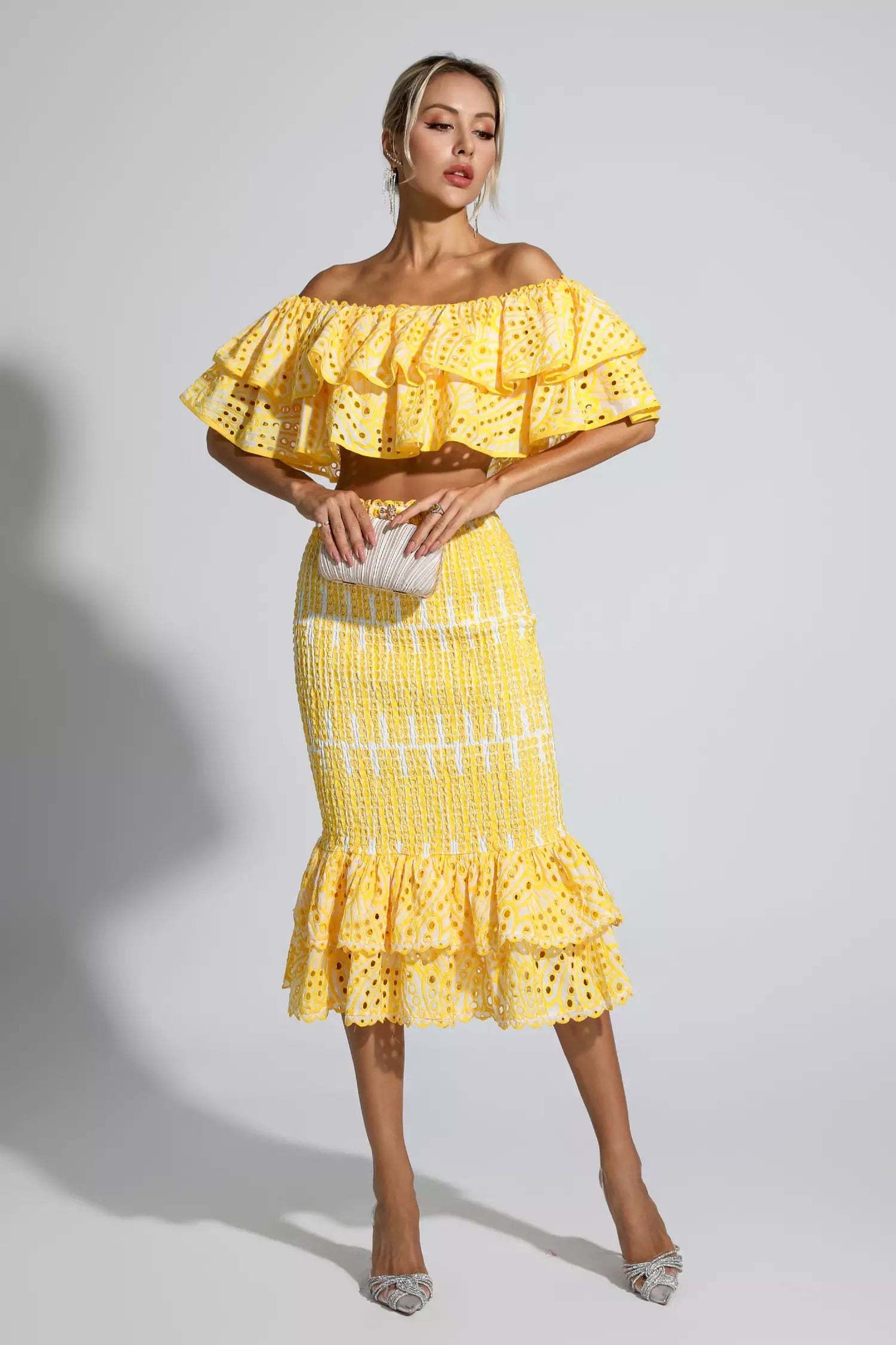 Winnie off shoulder ruffle skirt set-Yellow
