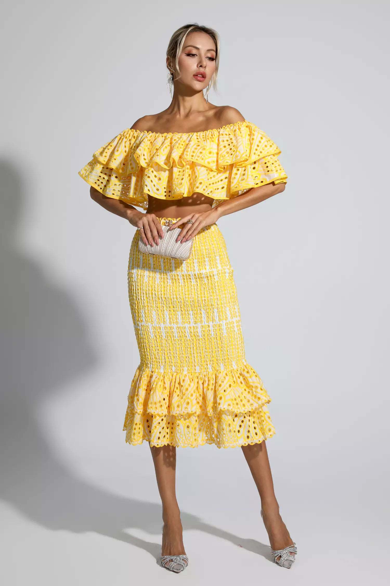Winnie off shoulder ruffle skirt set-Yellow