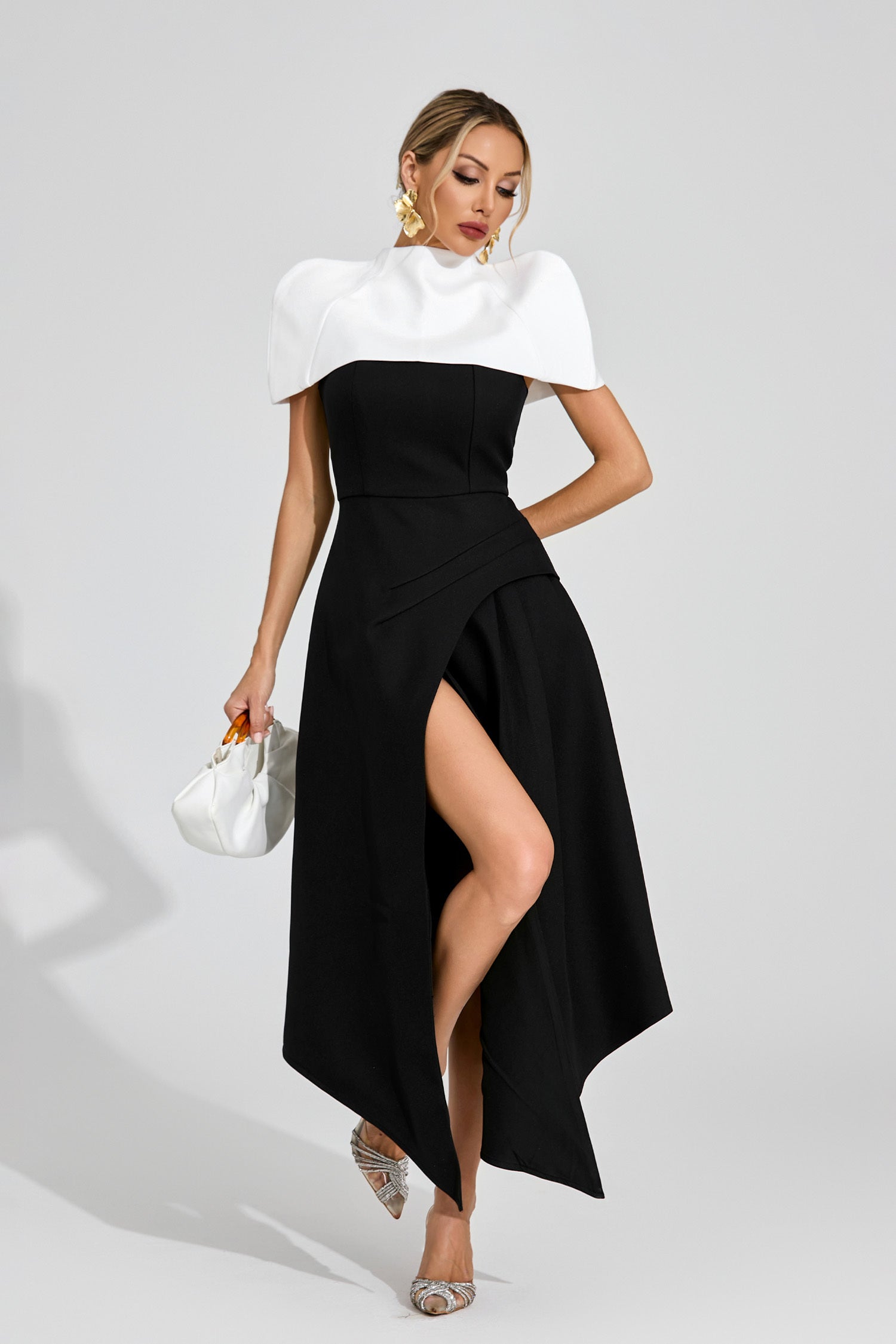 Noir Éclat Asymmetric Cape Dress