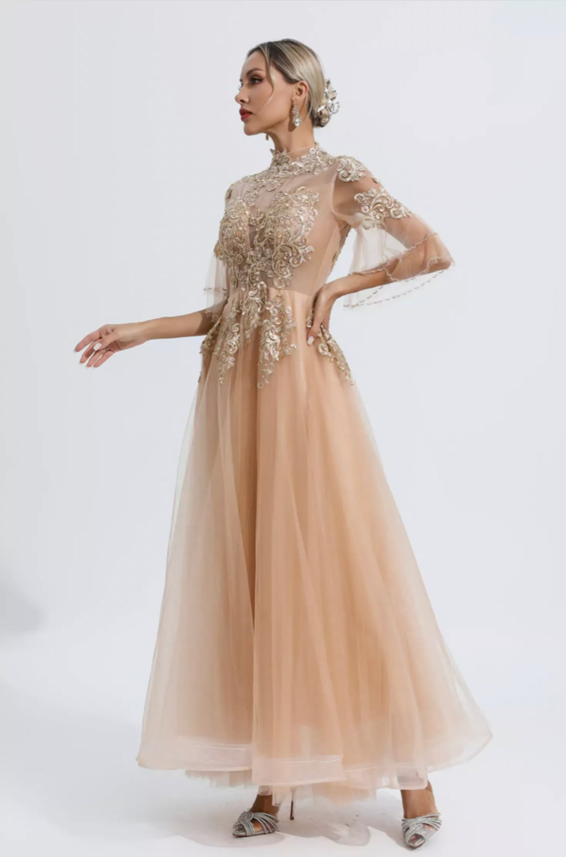 Marina gold mesh maxi dress