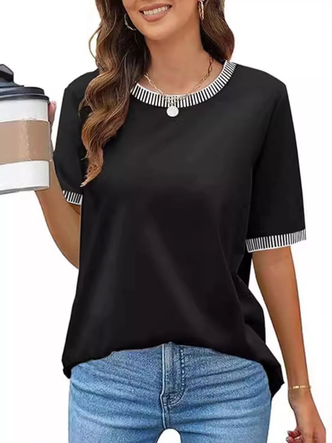 Striped Trim Casual T-Shirt