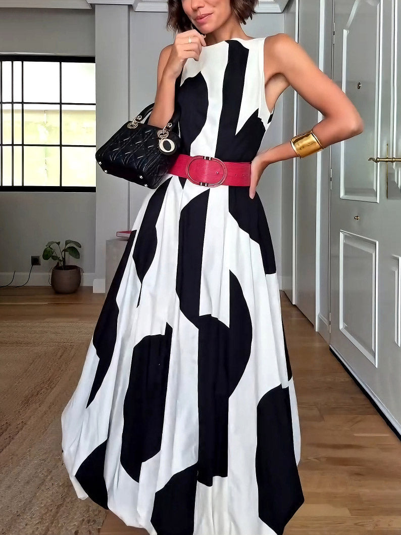 Elegant Classic Contrast Color Lantern Maxi Dress White