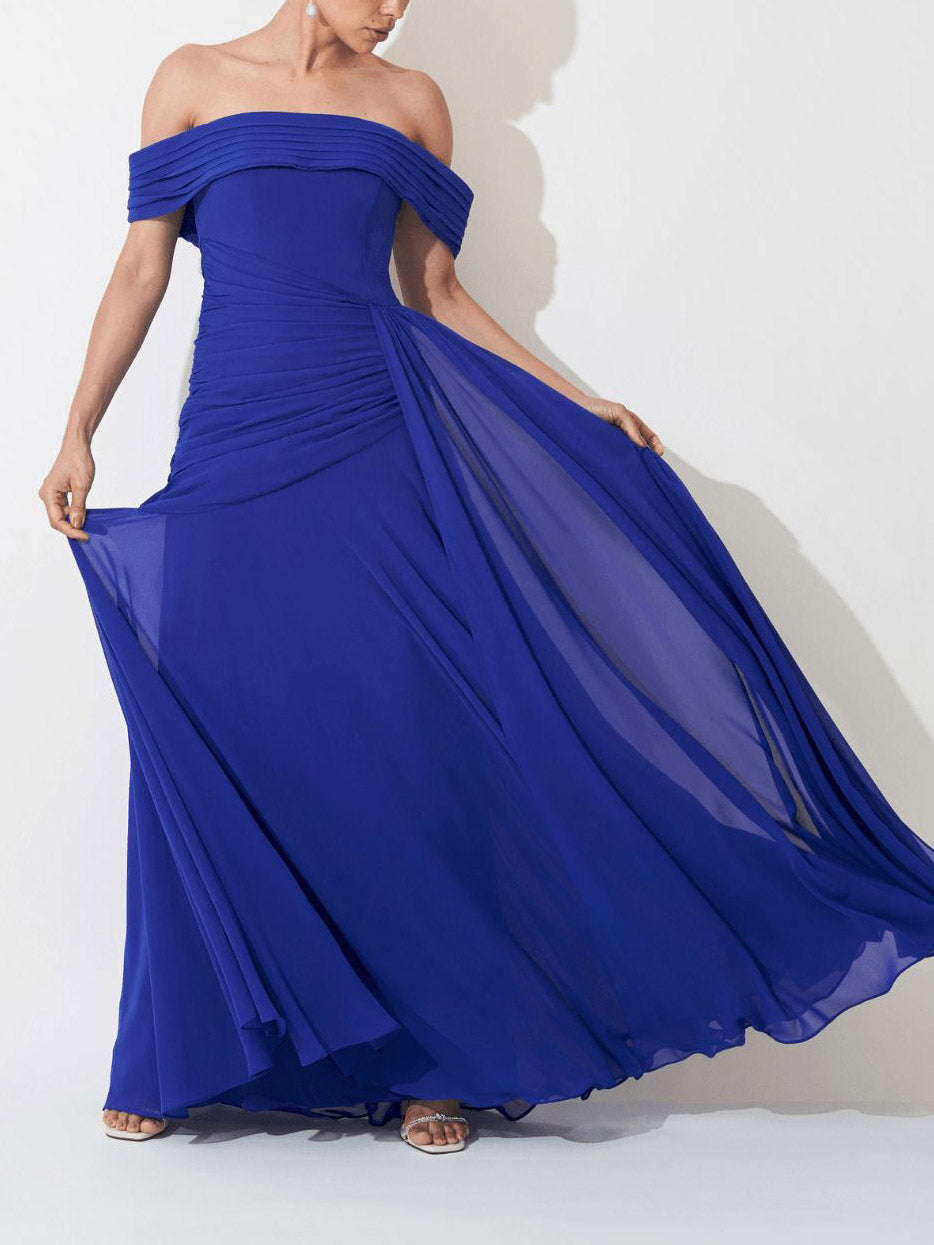 Elegant Off Shoulder Ruched Chiffon Maxi Dress Blue