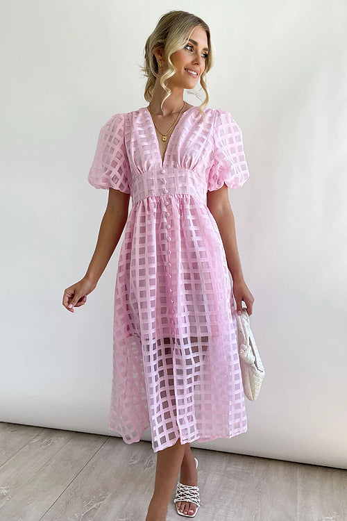 Garden Of Romance Puff Sleeve Midi Dress - 9 Colors Light Pink