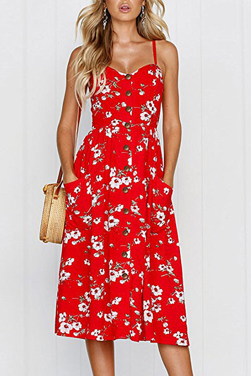 Sunflower Fit&Flare Print Midi Dress - 9 Colors Red