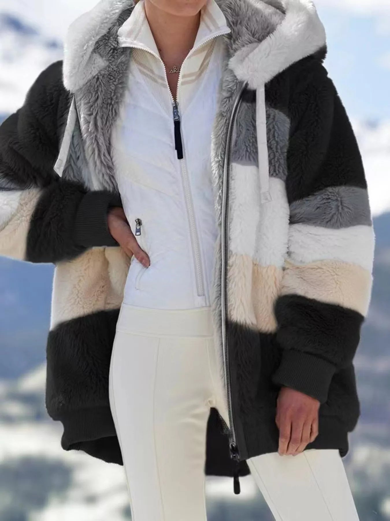 Full Size Fuzzy Zip Up Hooded Outerwear Plus Size