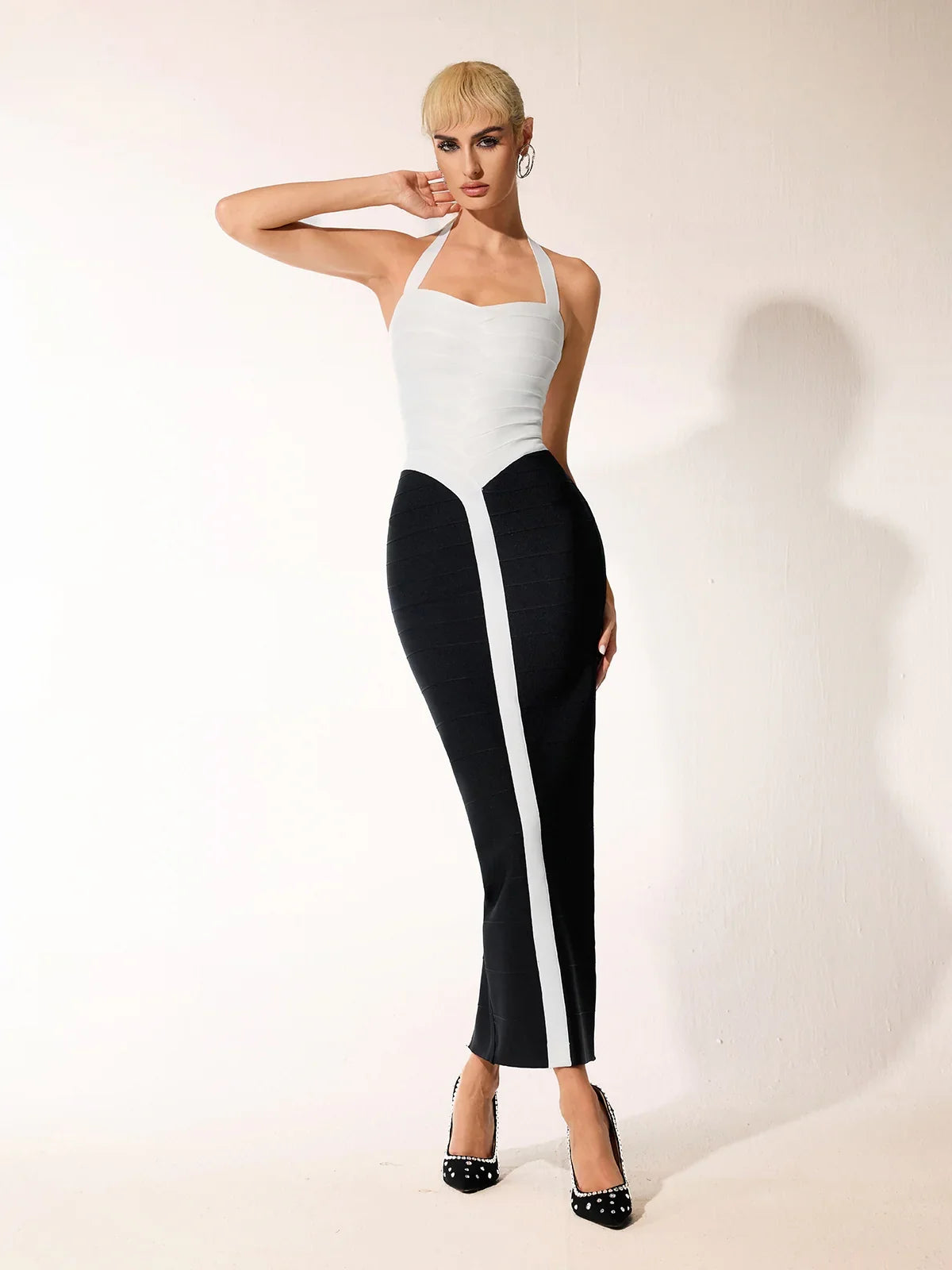 Monochrome Halter Bodycon midi Dress