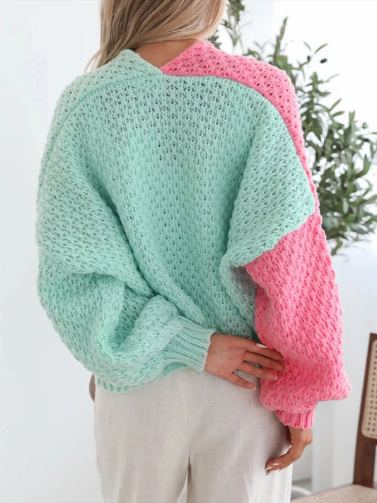 Women’s Color Block Open Front Cardigan – Trendy Long Sleeve Knit Layer for Fall & Winter