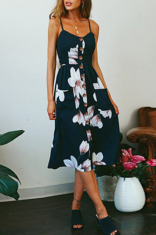 Sunflower Fit&Flare Print Midi Dress - 9 Colors Navy Blue