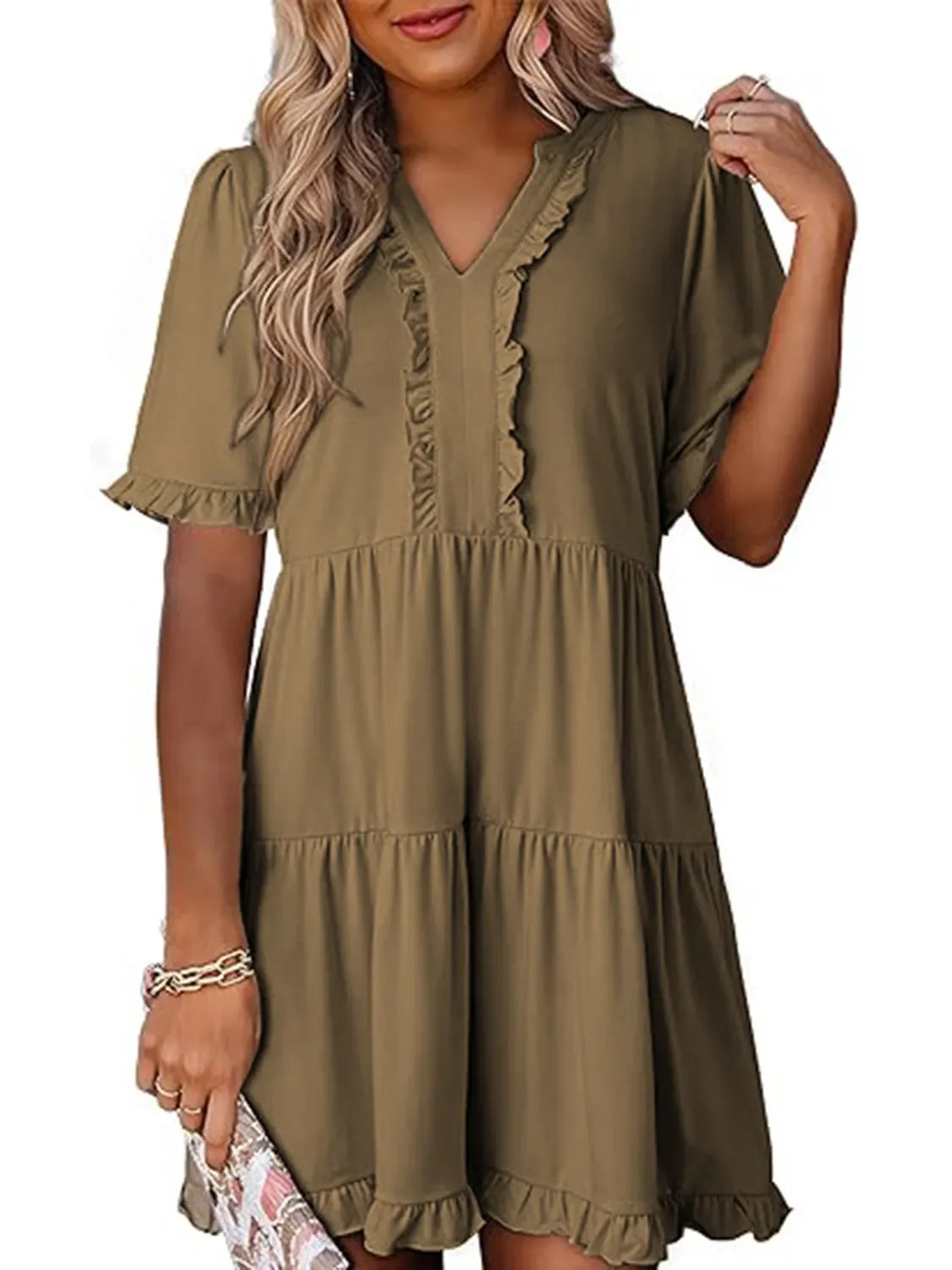Tiered Notched Short Sleeve Mini Dress