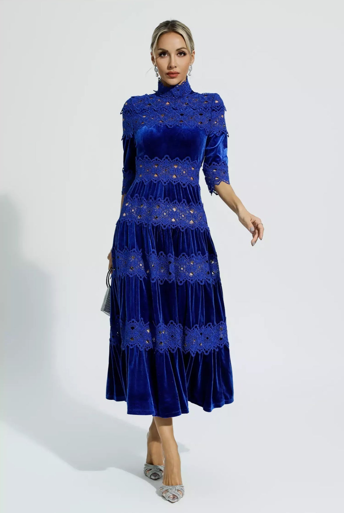 Blue velvet flare maxi dress