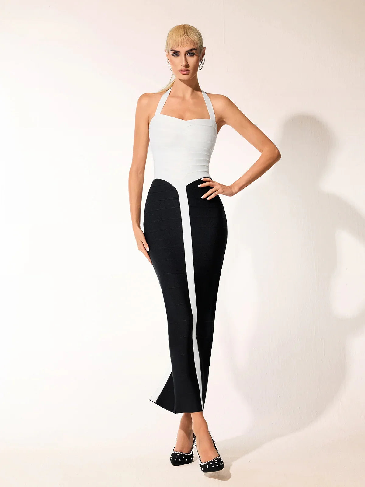 Monochrome Halter Bodycon midi Dress