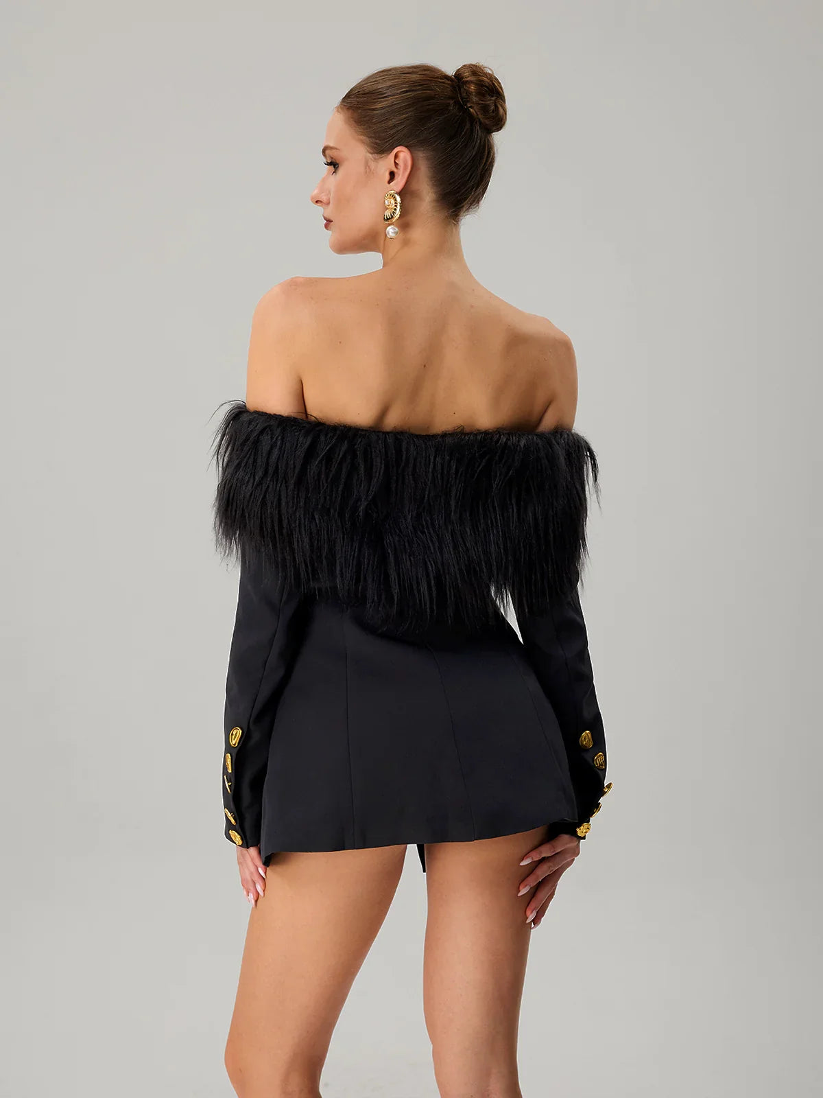 Noir Plume Off-Shoulder Blazer Dress
