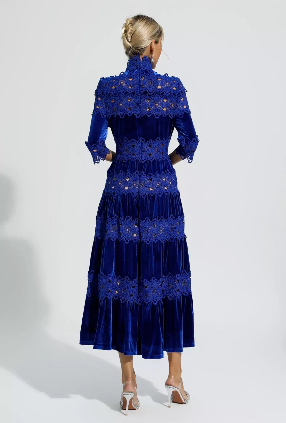 Blue velvet flare maxi dress
