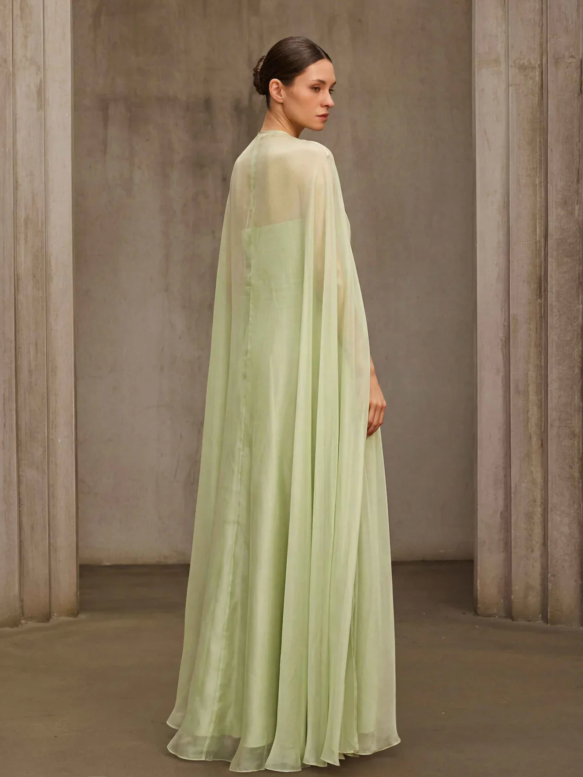 Sage Embroidered Cape Gown
