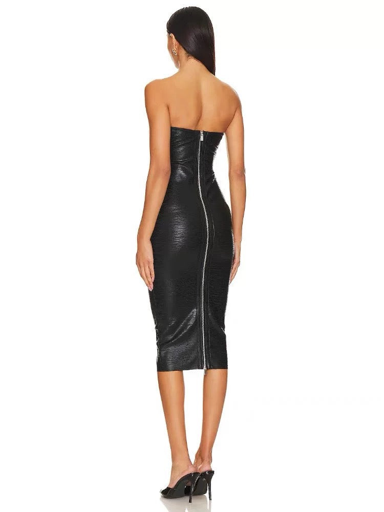 Black faux leather midi dress