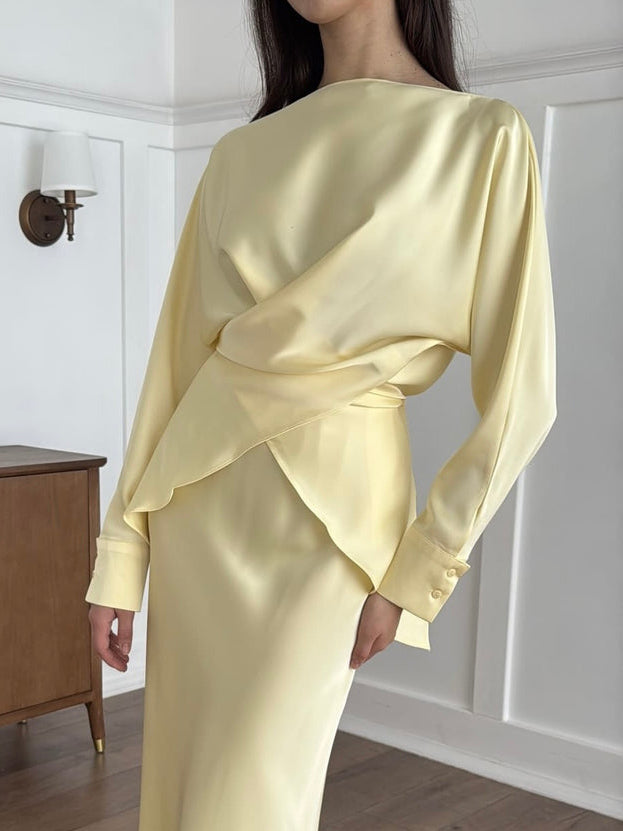 Elegant Asymmetrical Satin Long-sleeved Shirt Yellow