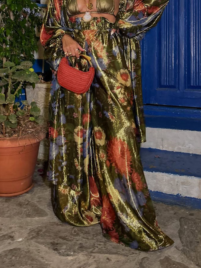 Unique Floral Print Satin Wide-leg Pants Dark Green