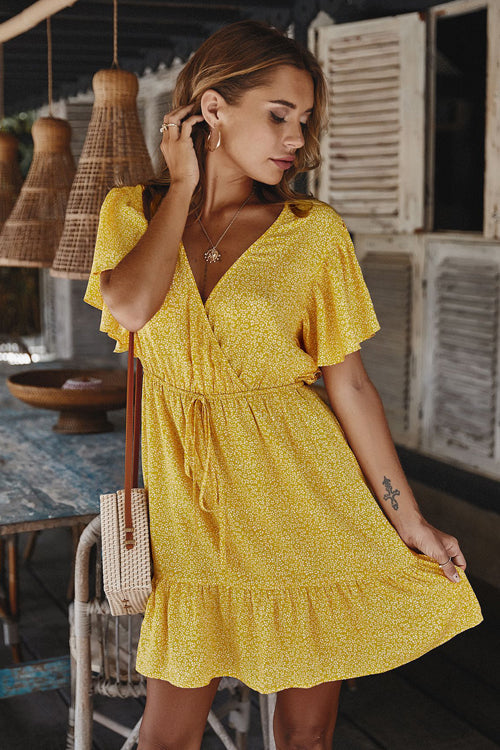 All About Love Shivering Wrap Mini Dress - 4 Colors Yellow