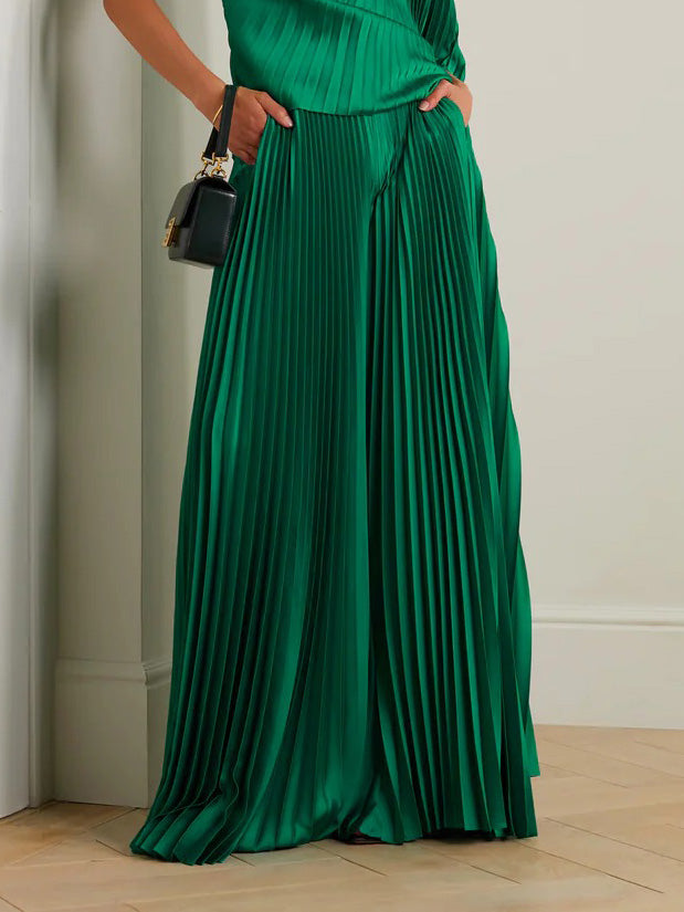 Elegant Pleated Satin Wide-leg Pants Green